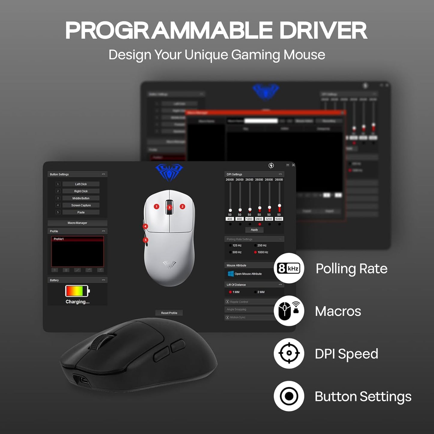 EPOMAKER Aula SC800 Wireless Gaming Mouse, 37g Lightweight, Adjustable 26,000 DPI, 8k Polling Rate, PAW3395, Programmable Buttons, On-Board Memory, 250mAh Battery, PC/MAC/Linux (Black)