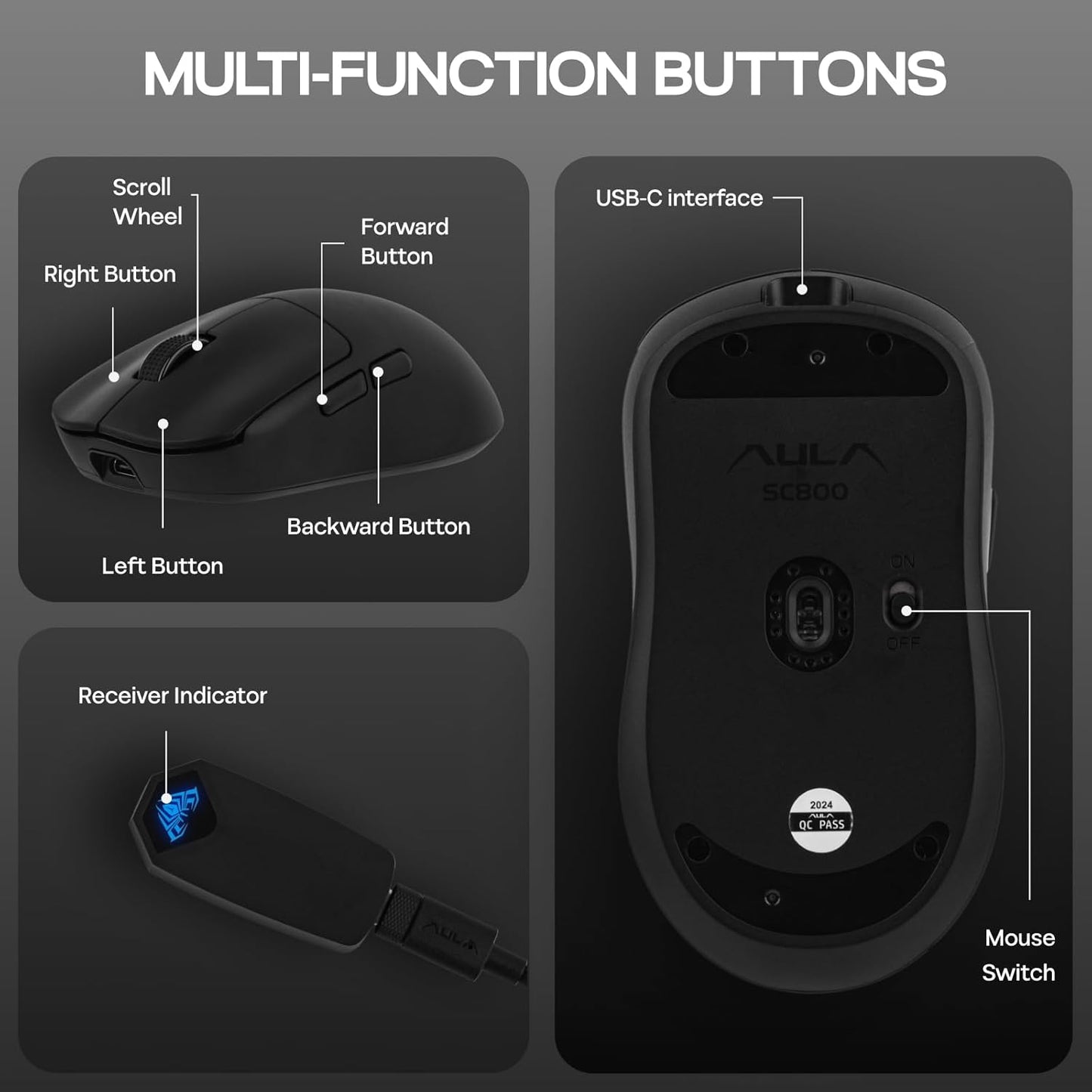 EPOMAKER Aula SC800 Wireless Gaming Mouse, 37g Lightweight, Adjustable 26,000 DPI, 8k Polling Rate, PAW3395, Programmable Buttons, On-Board Memory, 250mAh Battery, PC/MAC/Linux (Black)
