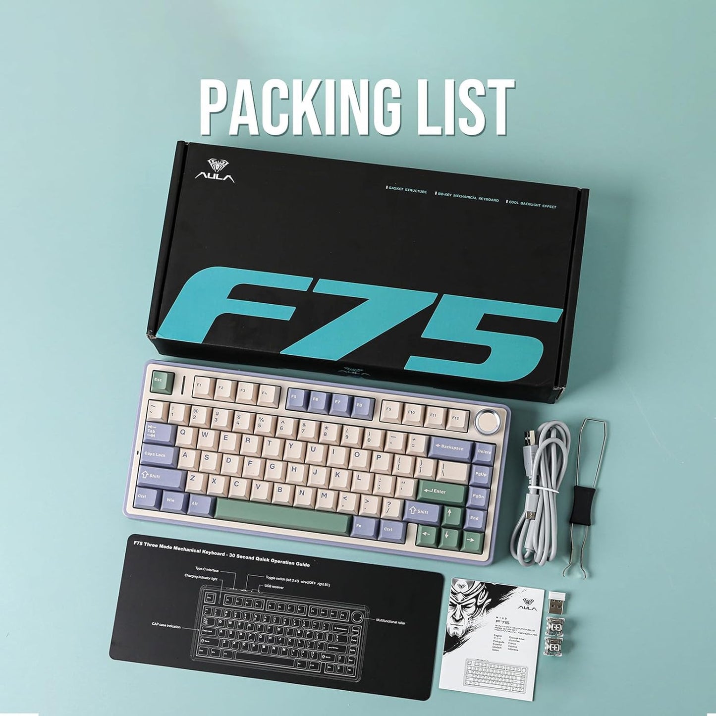 EPOMAKER x Aula F75 Gasket Mechanical Keyboard, 75% Wireless Hot Swappable Gaming Keyboard with Five-Layer Padding&Knob, Bluetooth/2.4GHz/USB-C, RGB (Green, LEOBOG Reaper Switch)