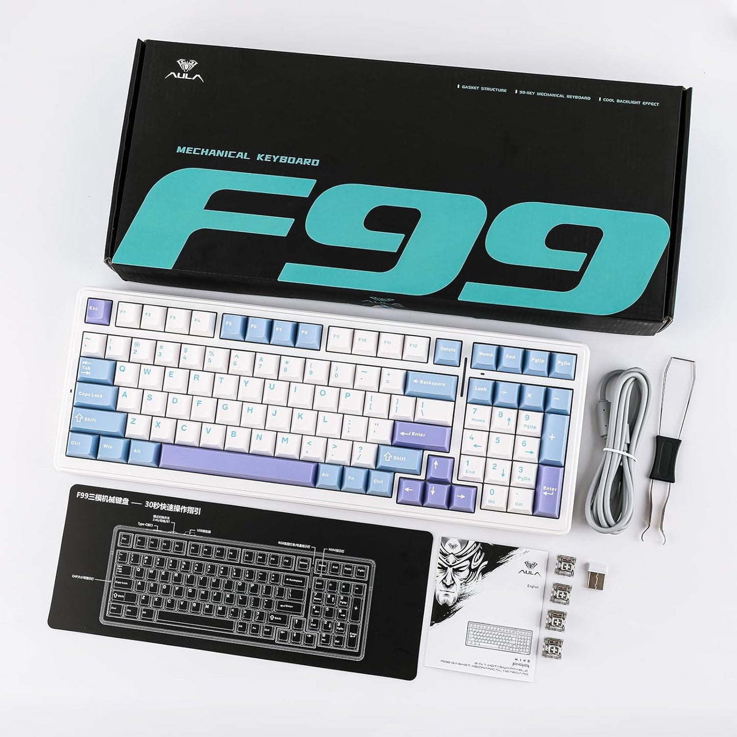 EPOMAKER x Aula F99 Wireless Mechanical Keyboard, Hot Swappable Gasket Custom Gaming Keyboard with Five-Layer Padding, Bluetooth/2.4GHz/USB-C, 8000mAh Battery (White Light Blue, Nimbus V3 Switch)