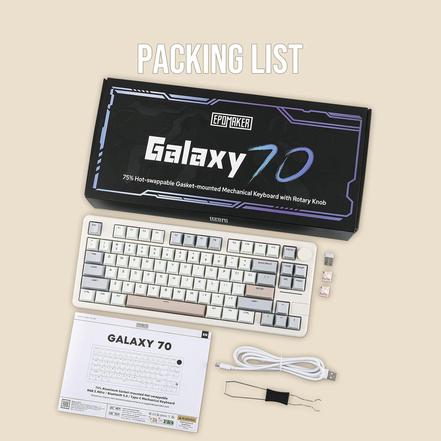 EPOMAKER Galaxy70 Wireless Gaming Keyboard, 75% Aluminium Mechanical Keyboard, Bluetooth 5.0/2.4GHz/USB-C Wired, Programmable, Hot Swappable, for PC/Mac/Office/Gaming (White, Zebra Switch)