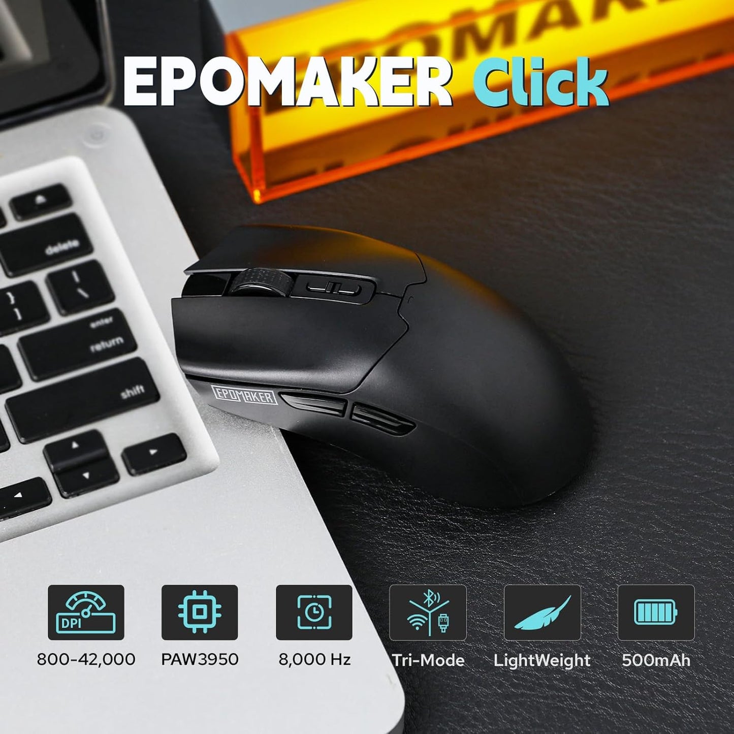 EPOMAKER Click Gaming Mouse Wireless 2.4Ghz/Bluetooth/Type-C, 800 to 42,000 DPI Adjustable, 8K Polling Rate, 500mAh, Lightweight Optical Mouse, for PC/Mac/Linux (Black)