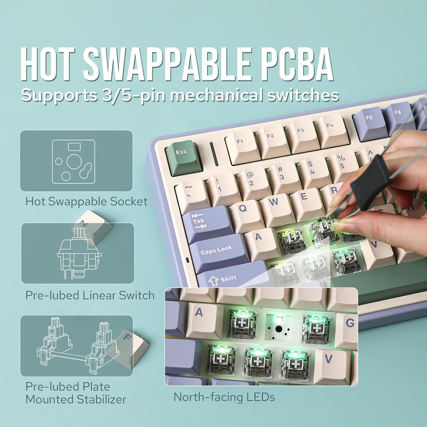 EPOMAKER x Aula F75 Gasket Mechanical Keyboard, 75% Wireless Hot Swappable Gaming Keyboard with Five-Layer Padding&Knob, Bluetooth/2.4GHz/USB-C, RGB (Green, LEOBOG Reaper Switch)