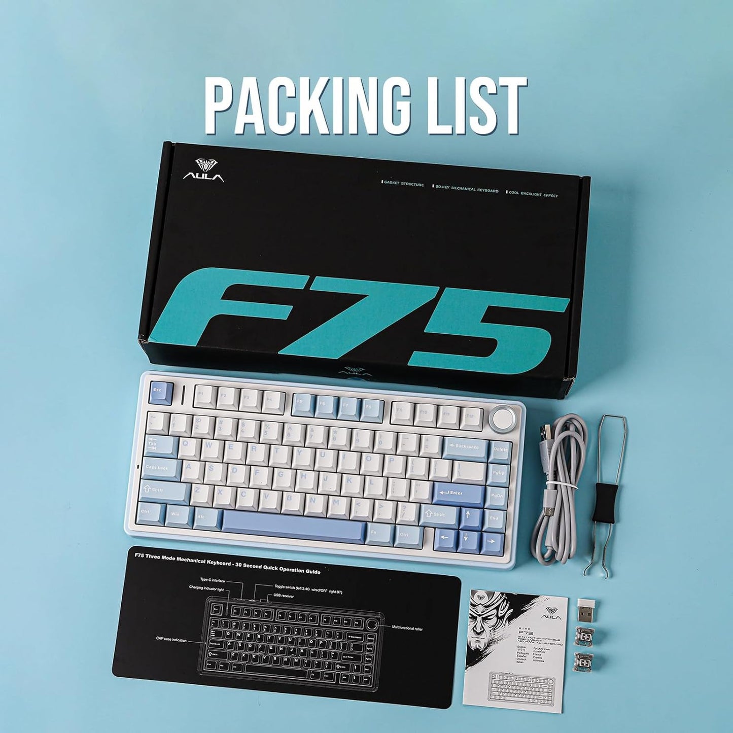 EPOMAKER x Aula F75 Gasket Mechanical Keyboard, 75% Wireless Hot Swappable Gaming Keyboard with Five-Layer Padding&Knob, Bluetooth/2.4GHz/USB-C, RGB (Sea Salt Blue, LEOBOG Reaper Switch)