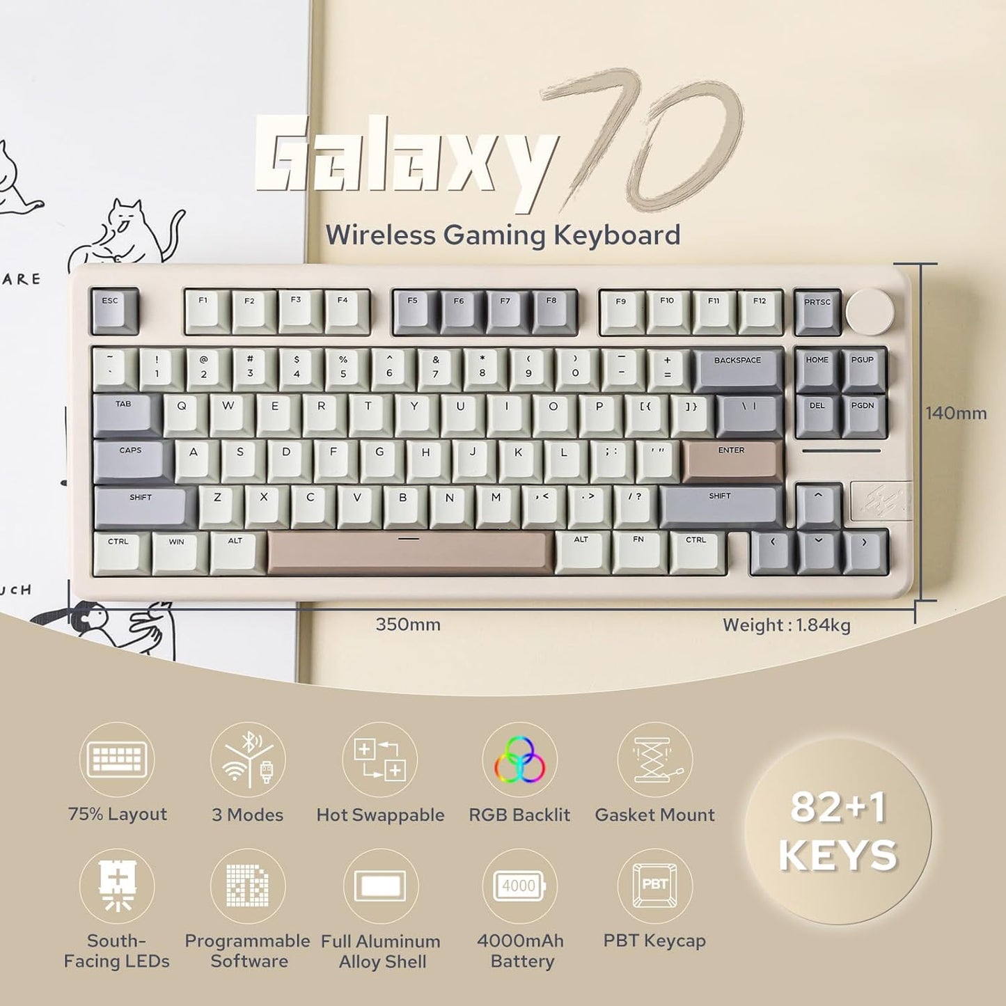 EPOMAKER Galaxy70 Wireless Gaming Keyboard, 75% Aluminium Mechanical Keyboard, Bluetooth 5.0/2.4GHz/USB-C Wired, Programmable, Hot Swappable, for PC/Mac/Office/Gaming (White, Zebra Switch)