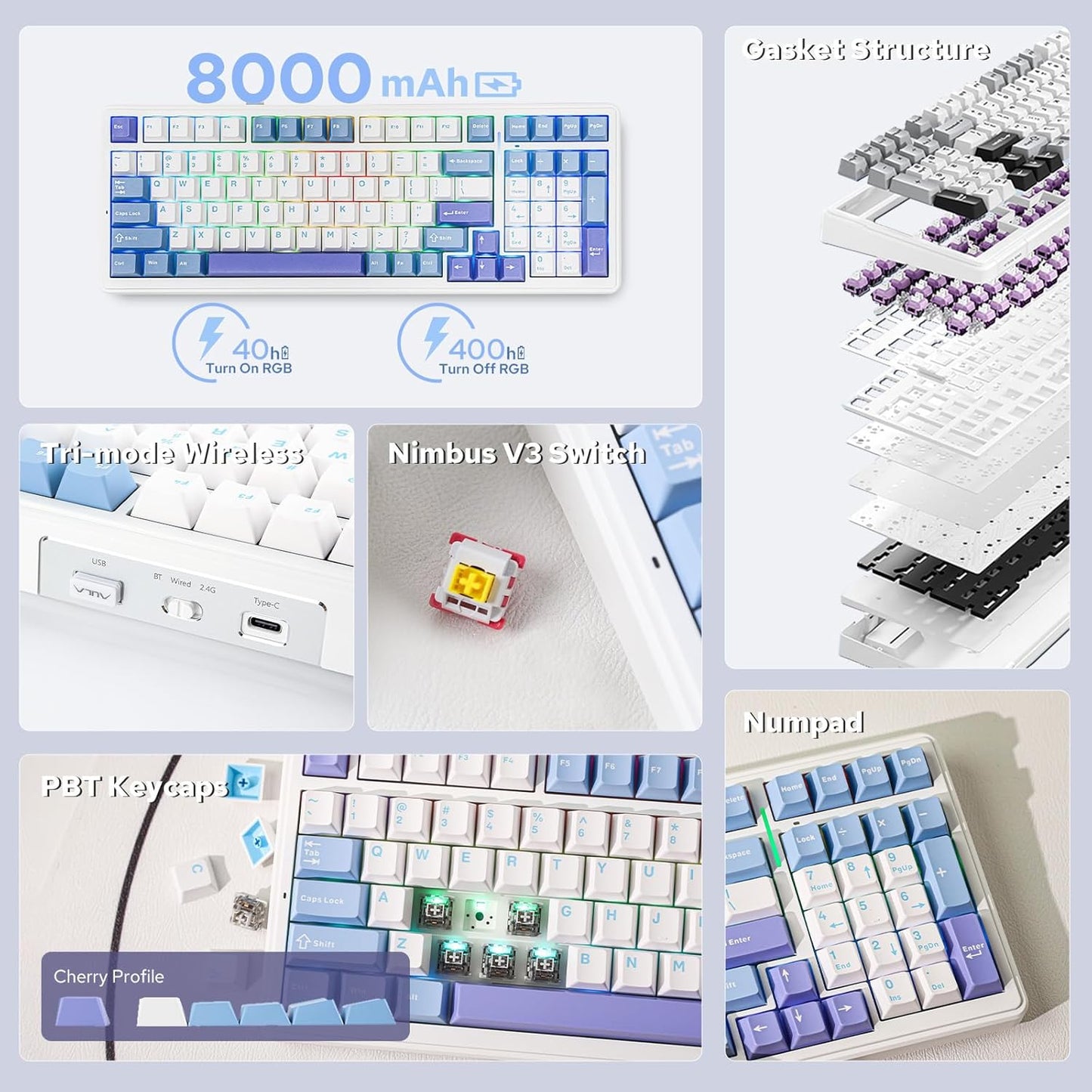 EPOMAKER x Aula F99 Wireless Mechanical Keyboard, Hot Swappable Gasket Custom Gaming Keyboard with Five-Layer Padding, Bluetooth/2.4GHz/USB-C, 8000mAh Battery (White Light Blue, Nimbus V3 Switch)