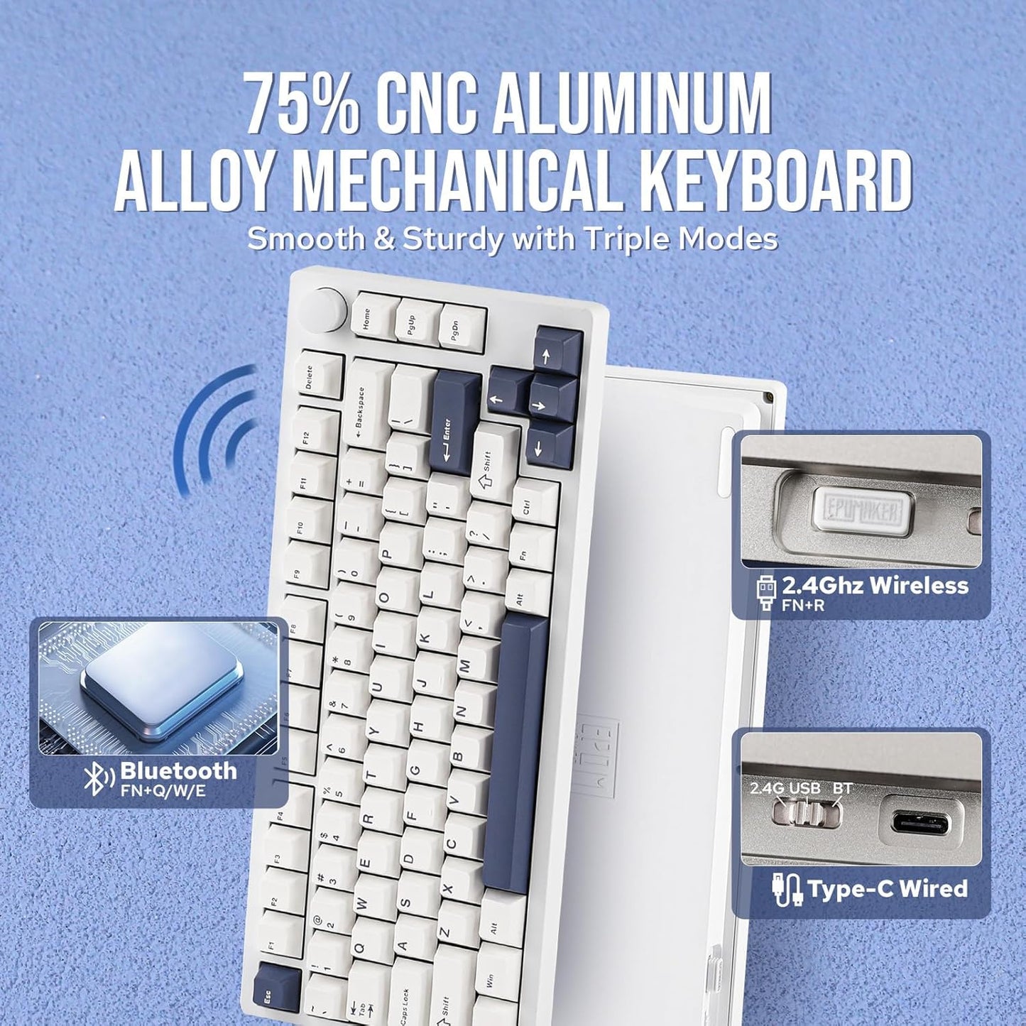 EPOMAKER P75 Wireless Aluminum Gaming Keyboard, Tri-Mode(BT 5.0/2.4GHz/USB-C) Mechanical Keyboard, Hot Swappable, RGB Backlit, NKRO for Office Game