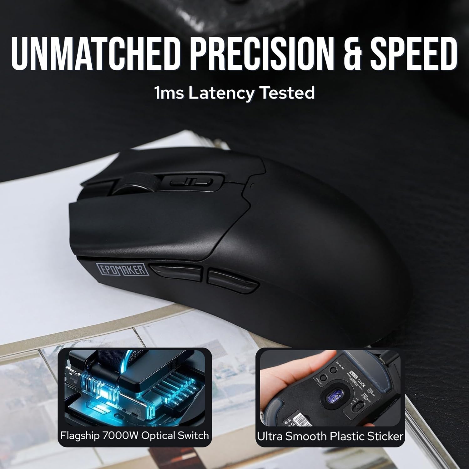 EPOMAKER Click Gaming Mouse Wireless 2.4Ghz/Bluetooth/Type-C, 800 to 42,000 DPI Adjustable, 8K Polling Rate, 500mAh, Lightweight Optical Mouse, for PC/Mac/Linux (Black)