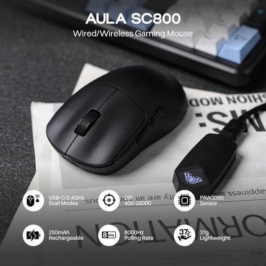 EPOMAKER Aula SC800 Wireless Gaming Mouse, 37g Lightweight, Adjustable 26,000 DPI, 8k Polling Rate, PAW3395, Programmable Buttons, On-Board Memory, 250mAh Battery, PC/MAC/Linux (Black)