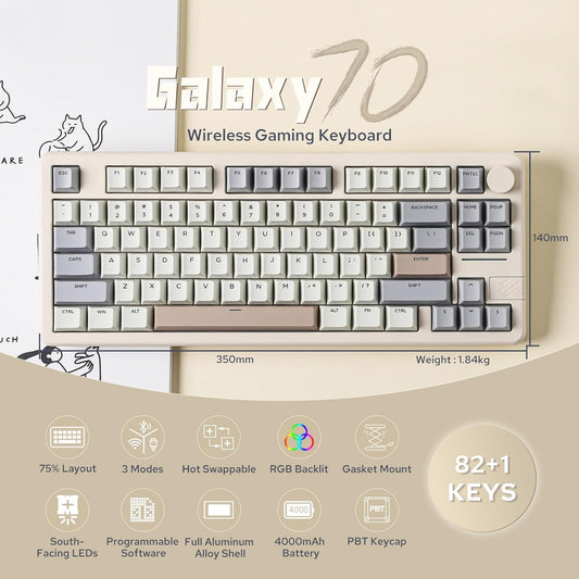 EPOMAKER Galaxy70 Wireless Gaming Keyboard, 75% Aluminium Mechanical Keyboard, Bluetooth 5.0/2.4GHz/USB-C Wired, Programmable, Hot Swappable, for PC/Mac/Office/Gaming (White, Zebra Switch)