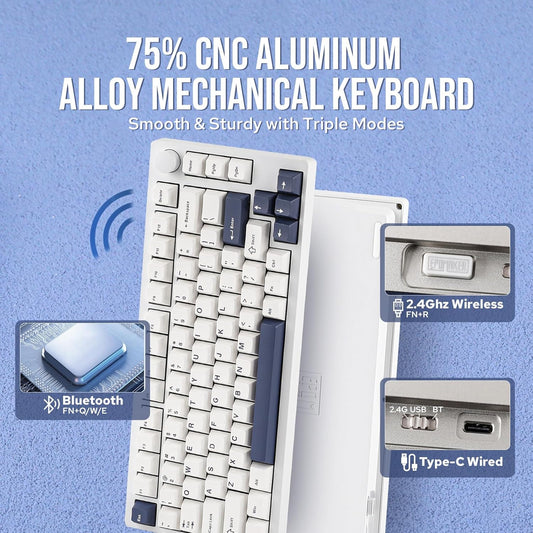 EPOMAKER P75 Wireless Aluminum Gaming Keyboard, Tri-Mode(BT 5.0/2.4GHz/USB-C) Mechanical Keyboard, Hot Swappable, RGB Backlit, NKRO for Office Game